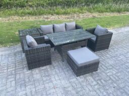 Fimous PE Wicker Rattan Garden Furniture Set Outdoor Rectangular Dining Table Side Table Stool 6 Seater in Dark Grey - thumbnail 2