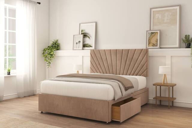 "Sloomy Sterling Plush Divan Bed Set No Drawers With 26"" Strutted Headboard & 12"" Matching Footboard in Light Brown - Size: King" - image 1