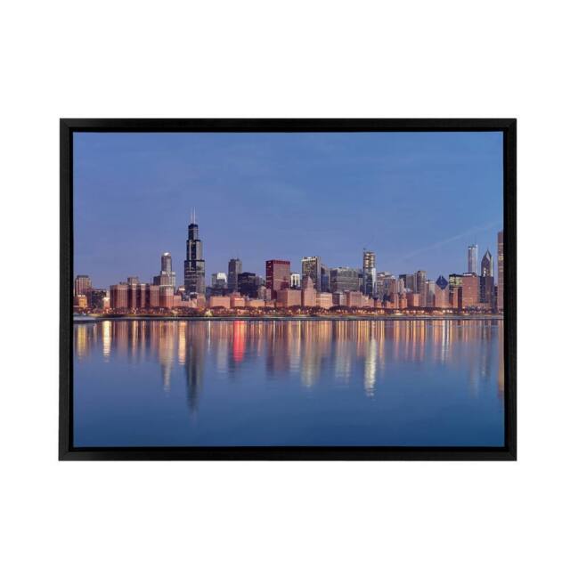 "Artery8 David Schwen Chicago Sunrise Skyline Photo Framed Canvas Wall Art Print in Blue - Size: W24"" x H32""" - image 1