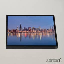 "Artery8 David Schwen Chicago Sunrise Skyline Photo Framed Canvas Wall Art Print in Blue - Size: W24"" x H32""" - thumbnail 2