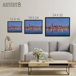 "Artery8 David Schwen Chicago Sunrise Skyline Photo Framed Canvas Wall Art Print in Blue - Size: W24"" x H32""" - thumbnail 4
