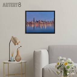 "Artery8 David Schwen Chicago Sunrise Skyline Photo Framed Canvas Wall Art Print in Blue - Size: W24"" x H32""" - thumbnail 3