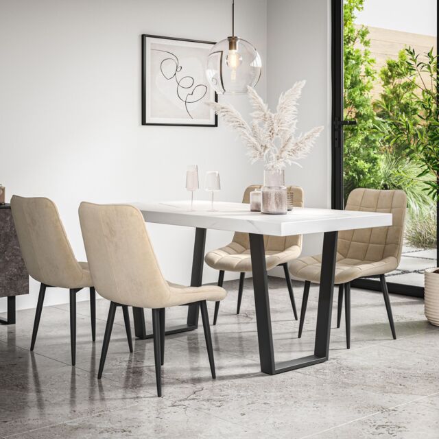 More4Homes Aria Dining Table & Chairs - White Marble Effect Table Top w Black Legs + Nova Velvet Dining Chair Set Of 6 in Beige - image 1