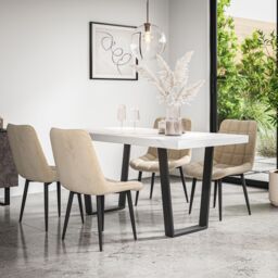 More4Homes Aria Dining Table & Chairs - White Marble Effect Table Top w Black Legs + Nova Velvet Dining Chair Set Of 6 in Beige - thumbnail 1