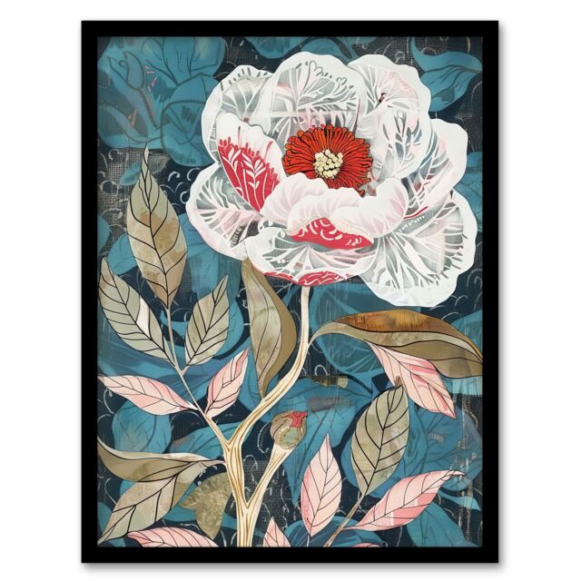 "Artery8 Peony Flower White Red Bloom Artistic Design Framed Art Print in Blue - Size: W12"" x H16""" - image 1