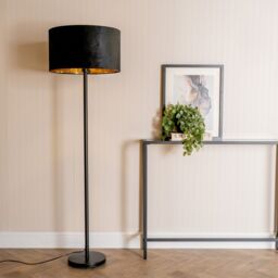 ValueLights Charlie Black Stem Floor Lamp with Black Velvet & Gold Inner Lamp Shade & Bulb - thumbnail 3