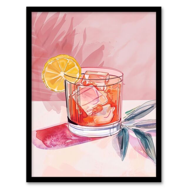 "Artery8 Cocktail Lemon Slice Pink Watercolour Framed Art Print - Size: W12"" x H16""" - image 1