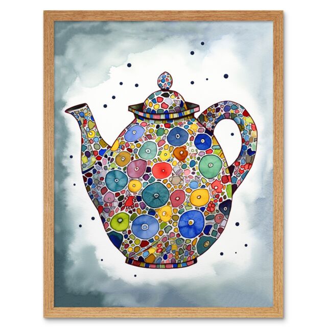 "Artery8 Wall Art Print Colourful Teapot Folk Art Kitchen Art Framed in Light Oak - Size: W12"" x H16""" - image 1