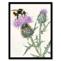 "Artery8 Watercolour Bumblebee on Scottish Thistle Flower Framed Wall Art in Green - Size: W12"" x H16""" - thumbnail 1