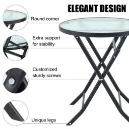 Living and Home Round Tempered Glass Steel Garden Dining Table in Black - thumbnail 6
