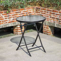 Living and Home Round Tempered Glass Steel Garden Dining Table in Black