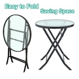 Living and Home Round Tempered Glass Steel Garden Dining Table in Black - thumbnail 4