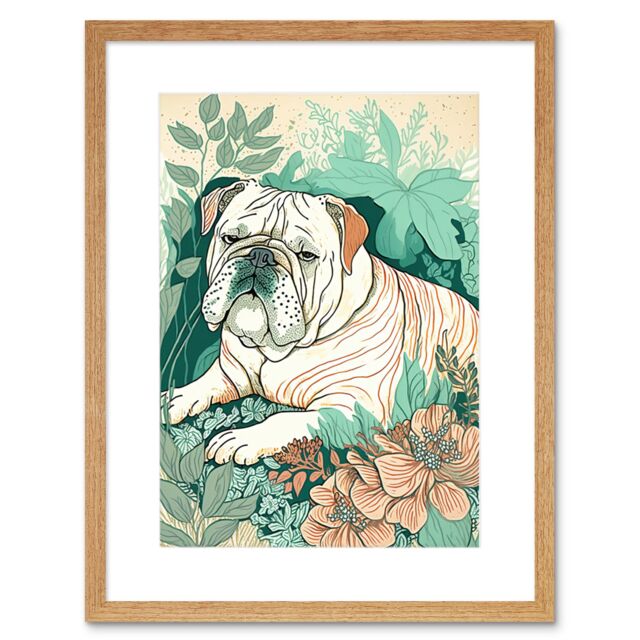 "Artery8 Wall Art Print Bulldog Lying in a Flower Field Modern Pastel Colour Linocut Artwork Framed 9X7 Inch in Beige - Size: W7"" x H9""" - image 1