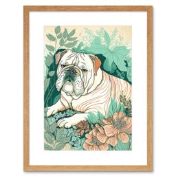 "Artery8 Wall Art Print Bulldog Lying in a Flower Field Modern Pastel Colour Linocut Artwork Framed 9X7 Inch in Beige - Size: W7"" x H9""" - thumbnail 1