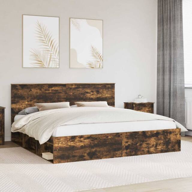 Berkfield Home Bed Frame Smoked Oak 200 x 200 cm Solid Pine Wood in Brown - image 1