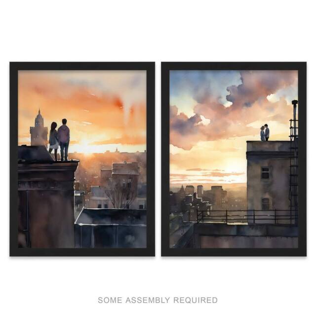 Artery8 A4 Wall Art & Frame Set of 2 Rooftop Romance Watercolour Cityscape Bedroom - image 1