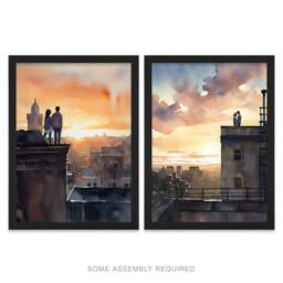 Artery8 A4 Wall Art & Frame Set of 2 Rooftop Romance Watercolour Cityscape Bedroom - thumbnail 1