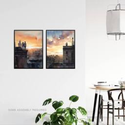 Artery8 A4 Wall Art & Frame Set of 2 Rooftop Romance Watercolour Cityscape Bedroom - thumbnail 2