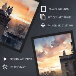 Artery8 A4 Wall Art & Frame Set of 2 Rooftop Romance Watercolour Cityscape Bedroom - thumbnail 3
