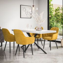 More4Homes Donni Dining Table & Chairs - White Marble Effect Table Top w Black Legs + Anika Velvet Dining Chair Set Of 6 in Mustard