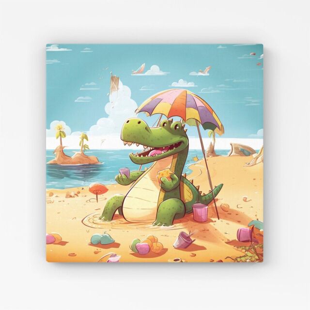 "Warren Reed - Designer A Crocodile On A Beach Holiday Canvas in Yellow - Size: W16"" x H16""" - image 1