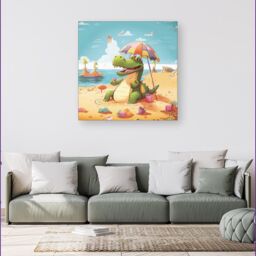 "Warren Reed - Designer A Crocodile On A Beach Holiday Canvas in Yellow - Size: W16"" x H16""" - thumbnail 4