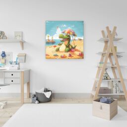 "Warren Reed - Designer A Crocodile On A Beach Holiday Canvas in Yellow - Size: W16"" x H16""" - thumbnail 3