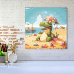 "Warren Reed - Designer A Crocodile On A Beach Holiday Canvas in Yellow - Size: W16"" x H16""" - thumbnail 2