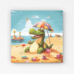 "Warren Reed - Designer A Crocodile On A Beach Holiday Canvas in Yellow - Size: W16"" x H16""" - thumbnail 1
