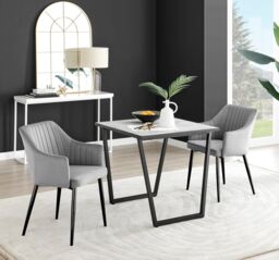 FurnitureboxUK Carson White Marble Effect Square Dining Table & 2 Velvet Calla Black Leg Chairs in Grey - thumbnail 1