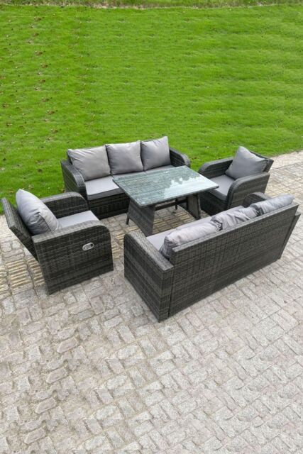 Fimous Outdoor Rattan Sofa Set Dining Table Recling Arm Chairs Lounge Sofa 8 Seater in Dark Grey - image 1