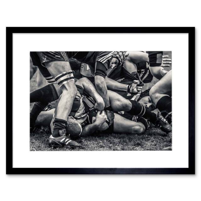 "Artery8 Sport Rugby Football Close Up Scrum Players Ball Game Framed Art Print in Grey - Size: W12"" x H16""" - image 1