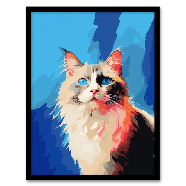 "Artery8 Wall Art Print Seal Point Ragdoll Cat With Blue Eyes Pet Portrait Colourful Artwork Painting Art Framed - Size: W12"" x H16""" - image 1