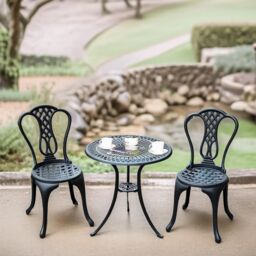 FURNOS Set of 3 Cast Aluminium Bistro Table & Chair in Black