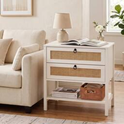 NESTLUNE Wide Bedside Cabinet Boho Sofa End Table in White - Size: 100 cm x 15 cm - thumbnail 3