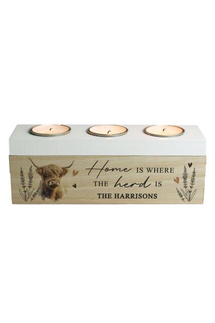 Personalised Memento Company Personalised Highland Cow Triple Tea Light Box in Light Brown - image 1