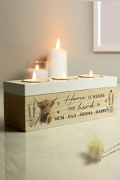 Personalised Memento Company Personalised Highland Cow Triple Tea Light Box in Light Brown - thumbnail 4