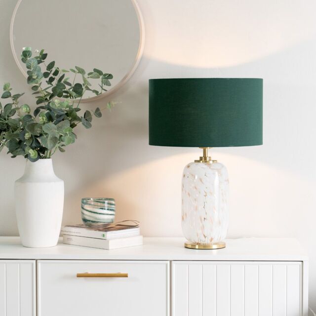 ValueLights India Fabric Drum Shade on Rounded White Confetti Glass Table Lamp with LED Bulb in Green - image 1