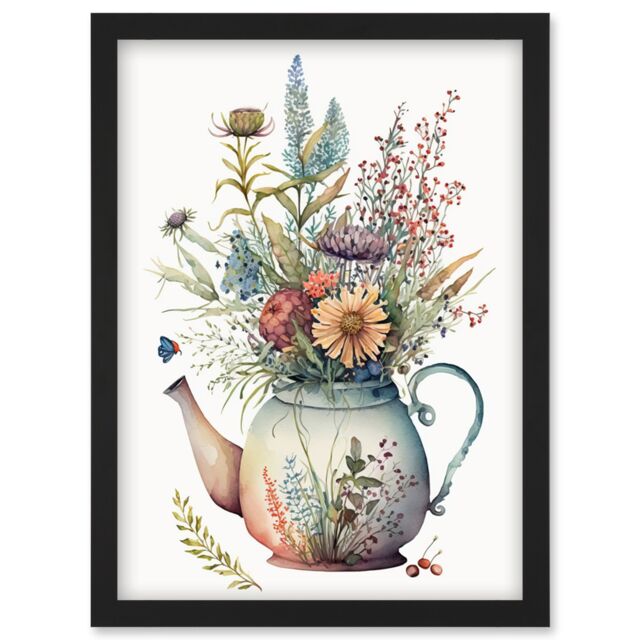 Artery8 Wildflower Floral Bouquet in China Pattern Teapot Artwork Framed Wall Art Print A4 in Black - image 1
