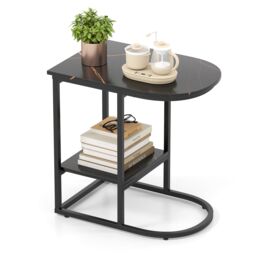 Gymax C-shaped End Table Modern Sofa Side Table with Storage Shelf in Black