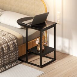 Gymax C-shaped End Table Modern Sofa Side Table with Storage Shelf in Black - thumbnail 3