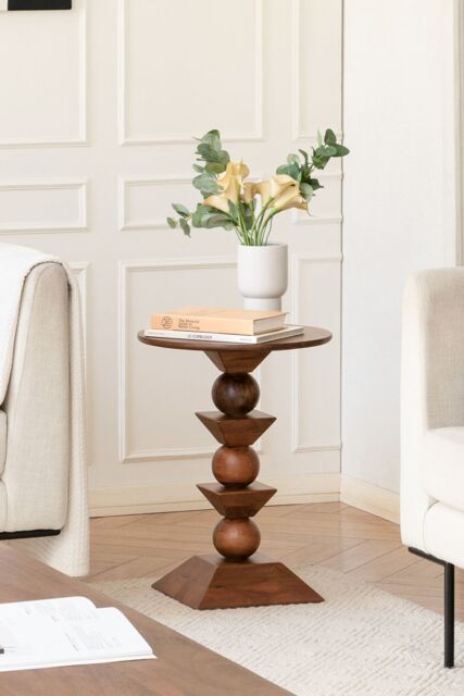 MH London Round Solid Mango Wood Side Table, Bedside End Table for Living Room & Bedroom - Gino in Walnut - image 1
