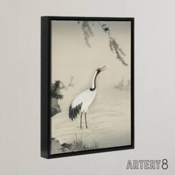 "Artery8 Japanese Crane & Swallows Motonobu Black Framed Canvas Wall Art in Green - Size: W12"" x H16""" - thumbnail 2