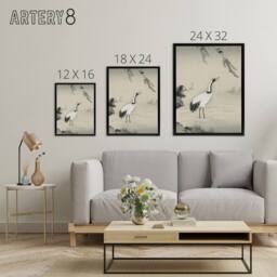 "Artery8 Japanese Crane & Swallows Motonobu Black Framed Canvas Wall Art in Green - Size: W12"" x H16""" - thumbnail 4