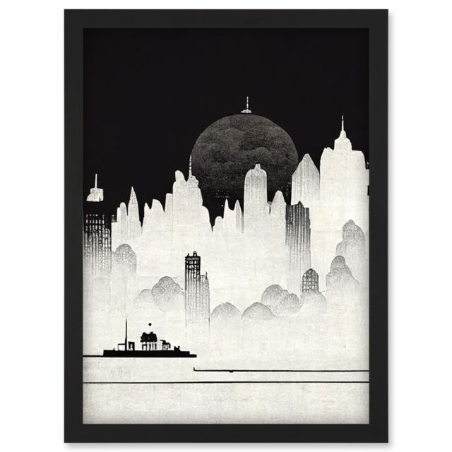 Artery8 Futuristic Cityscape Ukiyo-e Flat Illustration Artwork Framed Wall Art Print A4 in Black - image 1