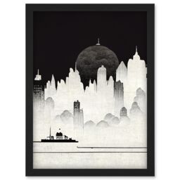 Artery8 Futuristic Cityscape Ukiyo-e Flat Illustration Artwork Framed Wall Art Print A4 in Black - thumbnail 1