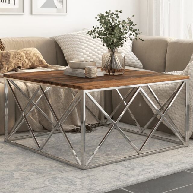 Berkfield Home Coffee Table Silver Stainless Steel & Solid Sleeper Wood - image 1