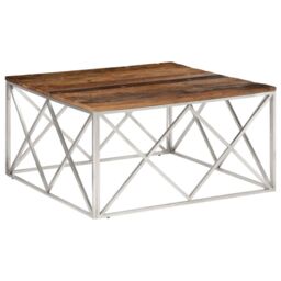 Berkfield Home Coffee Table Silver Stainless Steel & Solid Sleeper Wood - thumbnail 2