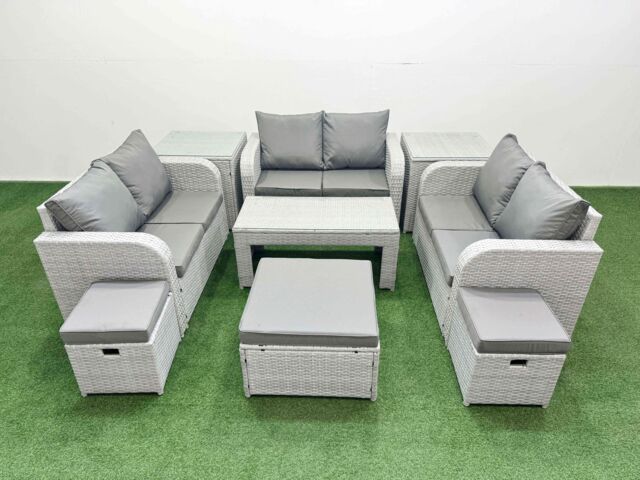 Fimous 9 Seater PE Wicker Rattan Furniture Sofa Sets with Oblong Coffee Table 2 Seater Love Sofa 3 Stool 2 Side Table Light Grey - image 1