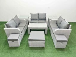 Fimous 9 Seater PE Wicker Rattan Furniture Sofa Sets with Oblong Coffee Table 2 Seater Love Sofa 3 Stool 2 Side Table Light Grey - thumbnail 2
